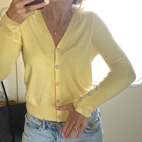 Zara Soft Knit Jewel Button Down V Neck Cardigan Pastel Yellow Size Small - Picture 1 of 3